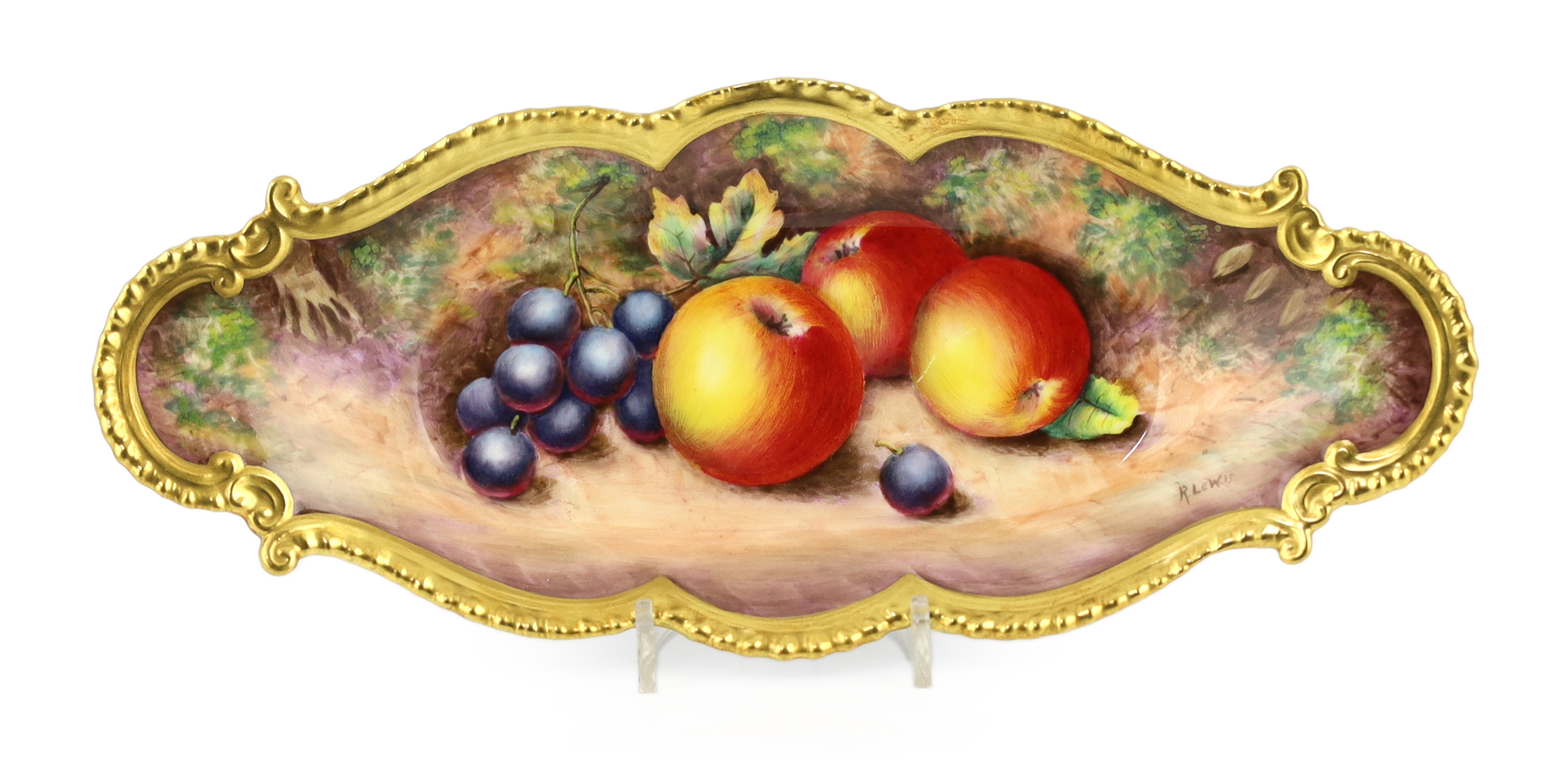 A Royal Worcester fruit painted lozenge shaped dish, by R. Lewis